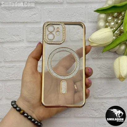 قاب گوشی آیفون 12 نرمال Iphone 12 Normal ژله ای دور کروم نگین دار مگ سیف (کد2085)